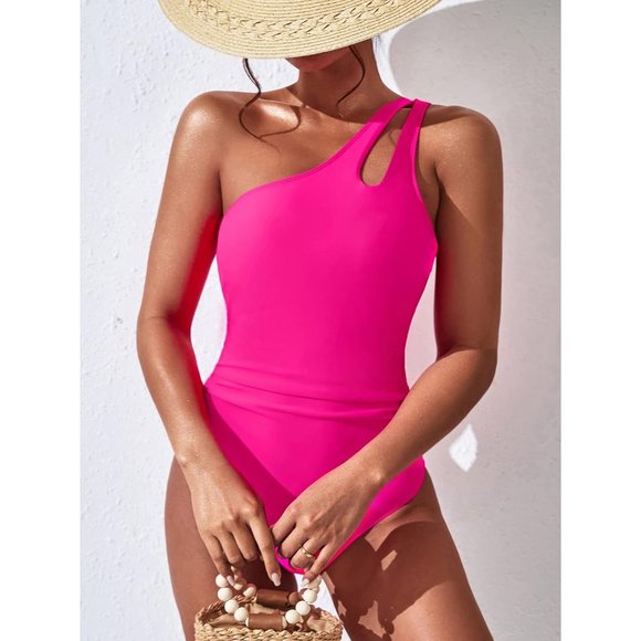 Women's Hot Pink One Shoulder One Piece Modest Full Coverage Keyhole Swimwear - Picture 2 of 6
